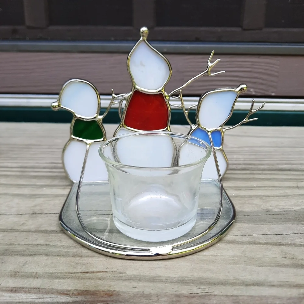 Stained Glass 3 Snowmen Votive Candle Holder Winter Christmas